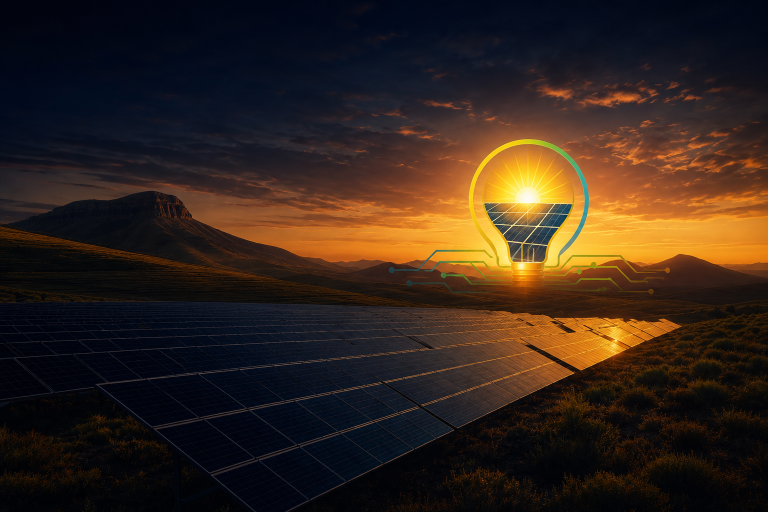 Solar energy field at golden dusk across an African landscape