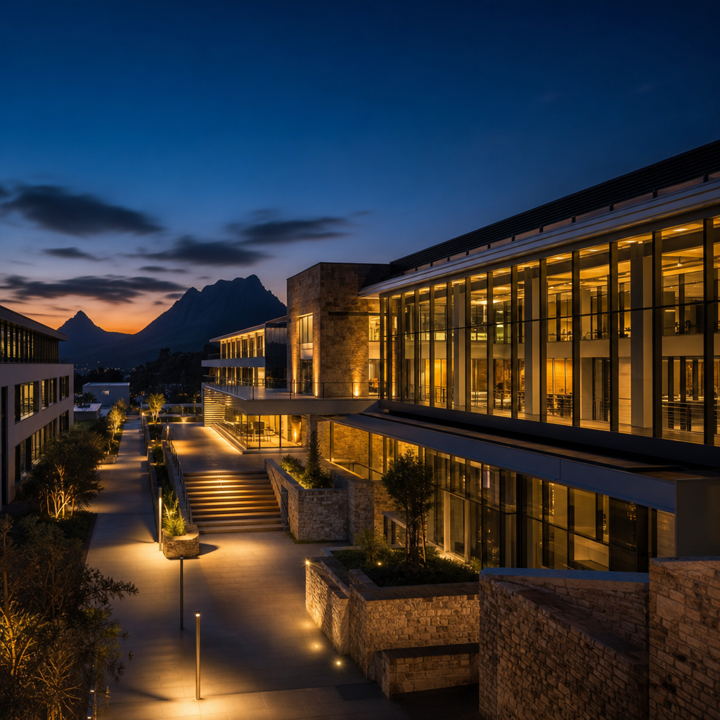 Modern institutional building at dusk with warm interior lighting