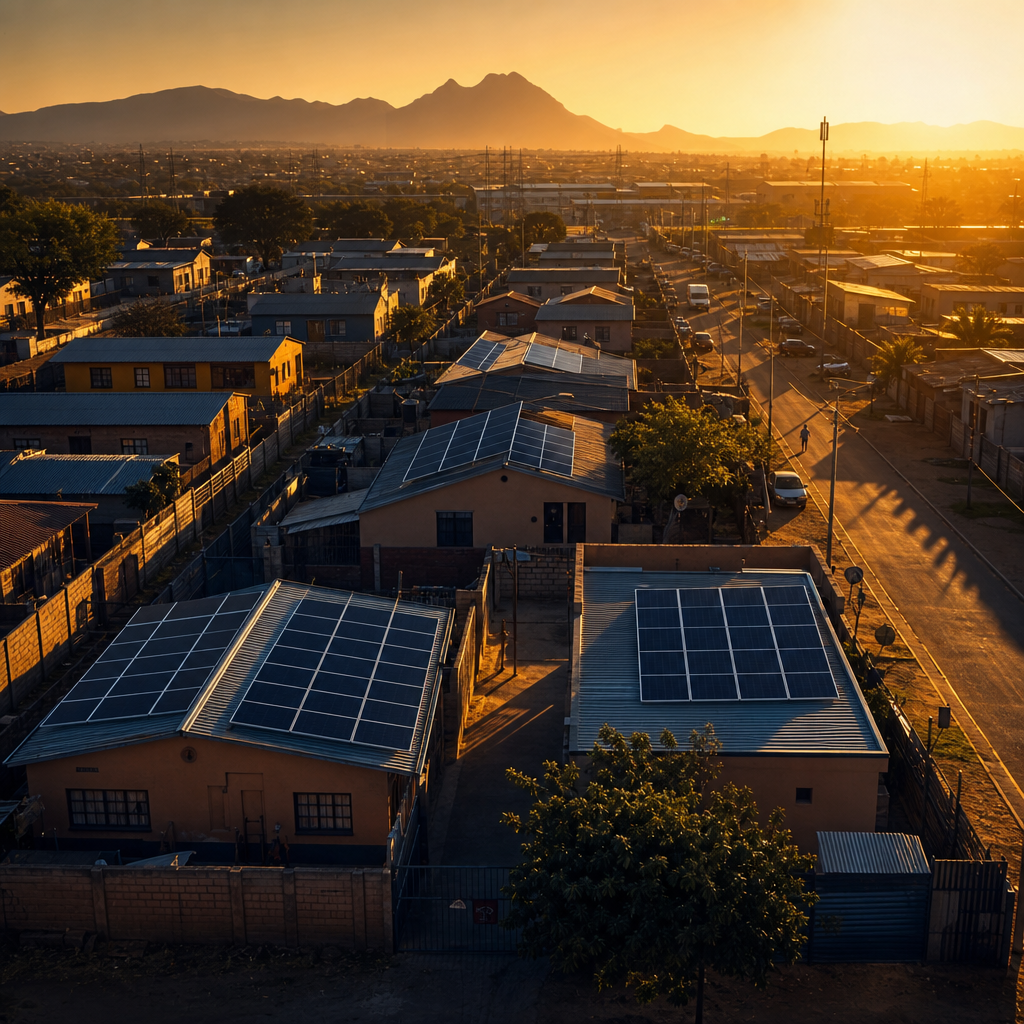 Solar installations across an African community at golden hour